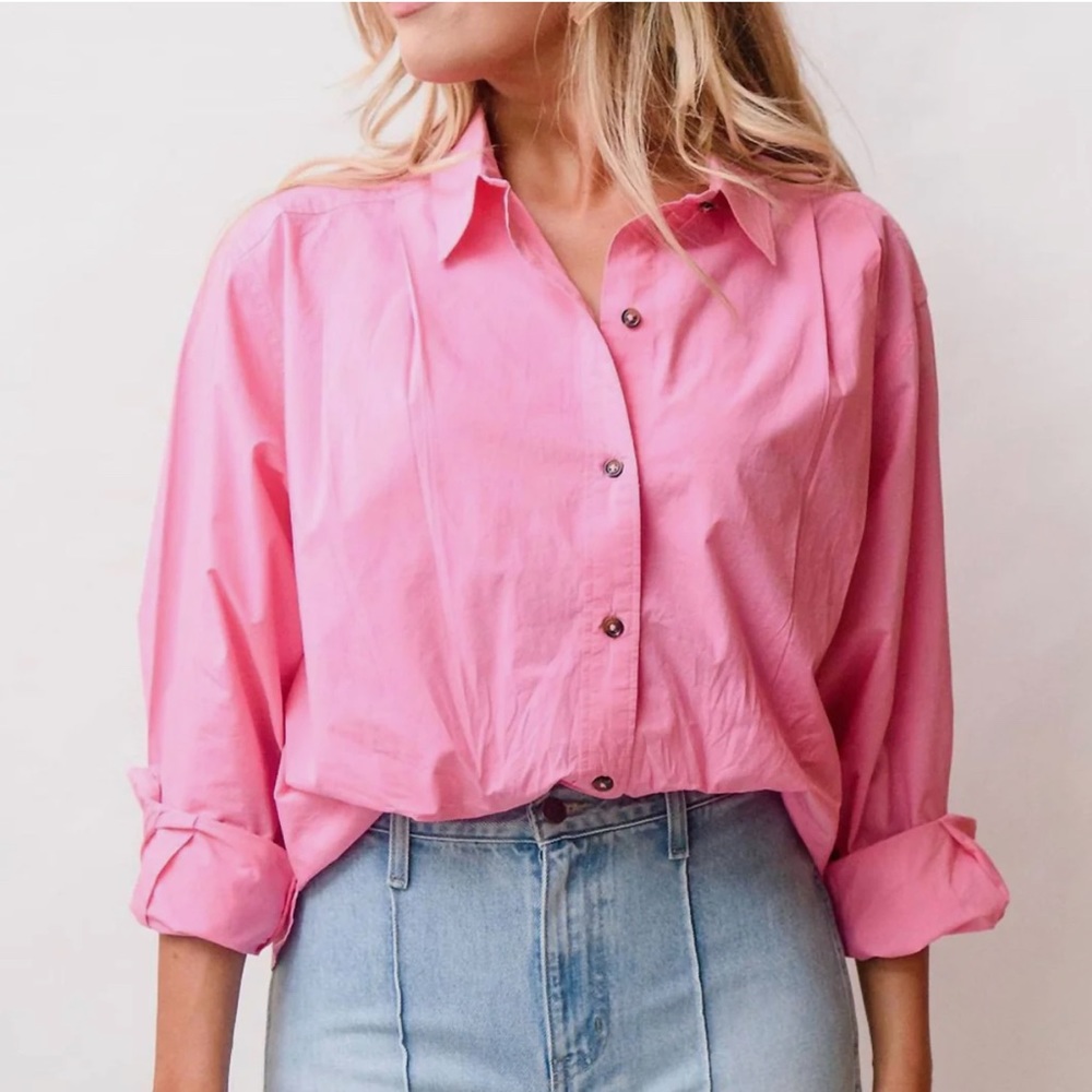 ETICA pink Oceane pleated button down collared long sleeve top shirt - Picture 4 of 9